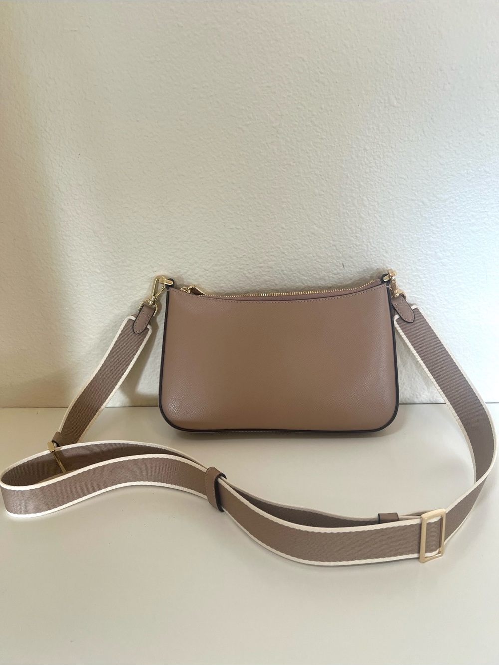 Kate Spade Taupe Pebbled Leather Crossbody with Striped Strap - Picture 3 of 7